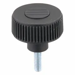 Knurled knob with threaded stud for manual adjustment and clamping. Gray plastic body with steel threaded insert. 40 mm diameter, 1/4"-20 thread, 20 mm thread length. Suitable for hand-tightening on machinery, jigs, and fixtures.