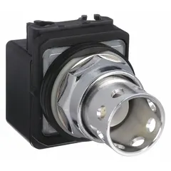 This illuminated extended-length push-button operator features a metallic construction and a clear button. It is a momentary-action device designed for 30 mm panel mounting. Typical applications include industrial control panels and machinery for start/stop or signaling functions.