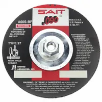 General purpose depressed center cut-off wheel for cutting carbon and stainless steel. Type 27 design enables flush cutting. Aluminum oxide abrasive, 60 grit, 6" diameter, 0.09" thickness, 5/8"-11 arbor. Suitable for metal fabrication, maintenance, and construction