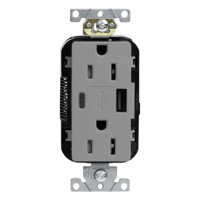 LEVITON Receptacle: Duplex, 5-15R, Gray, 125V AC - Weather-Resistant Receptacles with USB Chargers