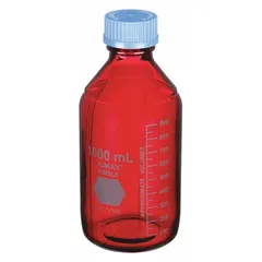 This 1 L amber glass media bottle from KIMBLE features a narrow mouth and a GL 45 screw closure. The amber body protects light-sensitive contents. It is used for storing and dispensing laboratory media, buffers, and reagents. Closure is included.