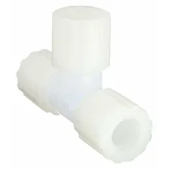 This PFA 45-degree flare tube fitting tee is designed for creating leak-tight branch connections in PFA tubing systems. It features a 1 in OD x 1 in OD x 1 in OD fitting size and is constructed from FDA-approved PFA material, making it suitable for high-purity fluid handling applications.