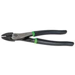 Pliers-style crimper for non-insulated wire connectors and terminals. Accepts wire sizes 10 AWG through 22 AWG. Overall length 9 1/2 inches. Non-ratcheting, dieless design for electrical panel building, control wiring, and general maintenance.