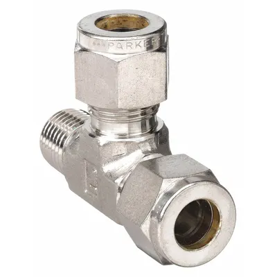 PARKER Compression Tee Fitting: 1/4 in OD x 1/8 in Pipe x 1/4 in OD Fitting Size - Double-Ferrule Stainless Steel Fittings