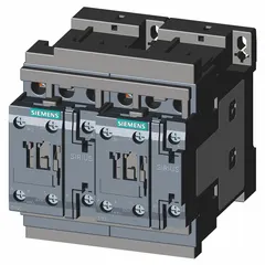 This reversing IEC contactor is used to control forward and reverse rotation of three-phase motors by interchanging two phases. It has 3 poles and 3 normally open contacts, rated at 32 A with a 240V AC coil. No integrated surge suppression.