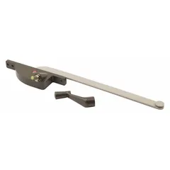 This left-hand crank window operator is designed for casement windows, mounting to the window frame. It features a bronze painted finish and includes a crank handle. The base length is 4-3/4 inches. Suitable for replacement or new installation on compatible casement windows.