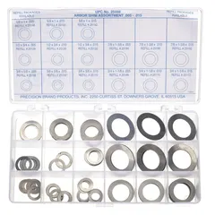 This 150-piece arbor shim assortment consists of ungraded, full-hard, plain steel shims in inch sizes. Thickness tolerance is +/-0.001 in, inside diameter tolerance is +0.011/-0.000 in, and outside diameter tolerance is +/-0.002 in. Commonly used for precision spacing and alignment in industrial machinery such as milling machines and gearboxes.