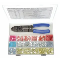 This 271-piece mixed wire connector and terminal set supports wire sizes from 22 AWG to 10 AWG. It includes (15) 24C781 terminals and an All-in-One Terminal Tool for crimping and cutting. Suitable for industrial wiring applications such as electrical panel assembly, equipment maintenance, and field wiring repairs.