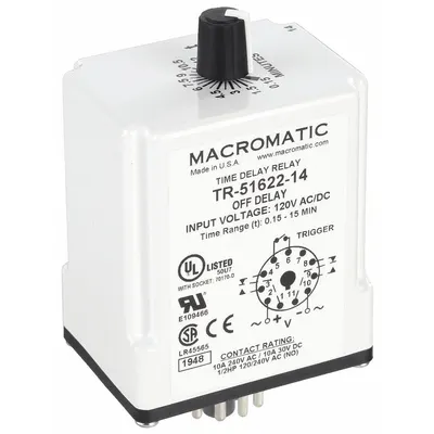 MACROMATIC Single Function Time Delay Relay: Socket Mounted, 120V AC/DC, 10 A - Socket-Mounted Relays