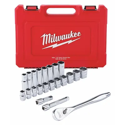 MILWAUKEE Socket Wrench Set: 1/2 in Drive, 22 Piece, 6-Point, SAE - SAE Socket Sets with Drive Tools