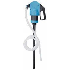 Lever-operated drum pump with polyacetal housing and Viton seals. Delivers 17 oz per stroke for manual fluid transfer from drums or barrels. Suitable for handling chemicals and lubricants in industrial and commercial settings.