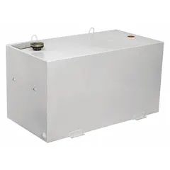 This rectangular liquid transfer tank is constructed from 14-gauge steel with a powder-coated finish. It has a 100-gallon capacity and is designed for use with diesel fuel. Suitable for storing and transporting fuel in industrial, construction, and agricultural settings.