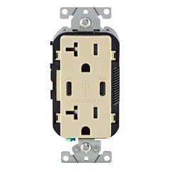 Decorator duplex receptacle rated 125V AC, 20A with 5-20R configuration and integrated USB Type C charging port. Ivory finish with weather-resistant construction suitable for outdoor and indoor power and device charging applications.