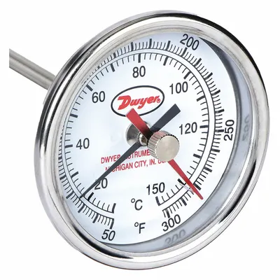 Dwyer Min/Max Dial Thermometer: 50°F to 300°F to 10°C to 148.9°C, +/- 2% Accuracy - Min/Max-Reading Thread-Mount Dial Thermometers