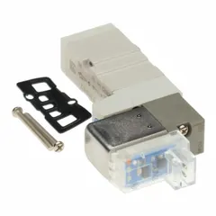 Five-way/two-position solenoid air control valve from the SYJ3000 series. Single solenoid, plug-in design, 12V DC operation. Die cast zinc body. Used to direct compressed air in pneumatic actuators, cylinders, and material handling equipment.