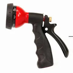 This pistol-grip nozzle features a rear trigger and eight spray patterns for adjustable flow control. Constructed with poly/metal materials, it is rated for a maximum temperature of 100°F. Suitable for watering plants, washing cars, and cleaning outdoor surfaces.