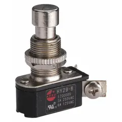 Non-illuminated miniature push button with maintained action. Extended profile metallic actuator. 12 mm panel-mount diameter. Suitable for panel-mounted control in industrial machinery and equipment.