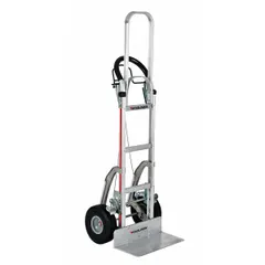 This load-control hand truck features a flow-back handle design for controlled load descent. The silver aluminum frame is lightweight and corrosion-resistant. Flat-free tires eliminate downtime from punctures. Suitable for moving boxes, appliances, and equipment in warehouses and industrial facilities.