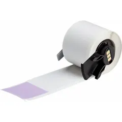 This precut label roll is made of vinyl with a purple matte finish. Each label measures 6 in x 1 1/2 in and is designed for wire diameters from 0.64 in to 1.43 in. Compatible with the BMP71 printer series and requires M7-R4300 ribbon. Used for wrapping around wires to provide clear identification in industrial environments.