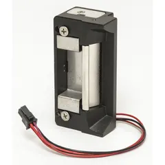 Cylindrical electric strike for access control systems, constructed of stainless steel. Accepts 12/24V input and rated heavy duty for commercial and industrial door applications. Releases latch upon electric signal for remote entry.