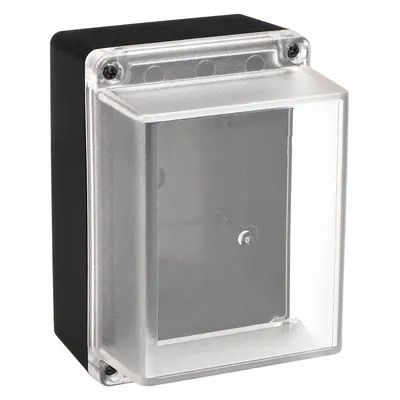 BOX ENCLOSURES Enclosure: Black, Polycarbonate, 7 in x 5 in x 4 in, NEMA 4 - Nonmetallic Enclosures with Clear Cover