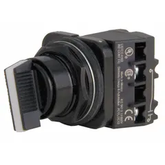 This 30 mm panel-mount selector switch from the 52SX series features a maintained/maintained action with two positions (On/Off). It has a short-handled knob, plastic operator head, and metallic bezel. Rated AC 10 A @ 600 V and DC 5 A @ 600 V. Suitable for industrial on/off control applications such as machine start/stop or mode selection.