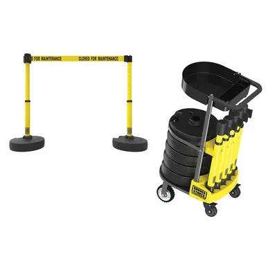 BANNER STAKES Belt Barrier System: 42 in Post Ht, 15 ft Belt Lg, Yellow, 6 No. of Posts - Mobile Retractable Belt Barrier Systems