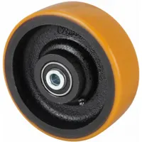 Polyurethane tread on steel core wheel with 6 in diameter and 2 in width. Rated for 2,000 lb load capacity. Yellow tread color. Suitable for heavy-duty industrial carts, dollies, and material handling equipment