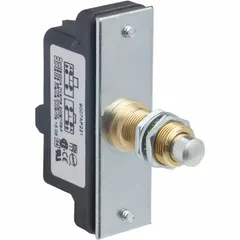 Plunger-actuated snap-action switch with 1NO/1NC contact configuration. Rated 15 A at 120 V AC. Screw electrical connection. Used for position sensing and limit control in industrial machinery and automation systems.