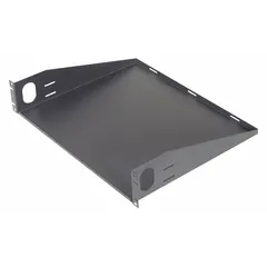 Steel solid shelf for standard 19-inch racks, 2U height. Black finish. Overall depth 14 7/8 inches, height 3 1/2 inches. Provides a stable mounting surface for rack-mountable equipment that does not require direct rail attachment.