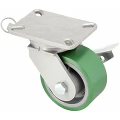 Swivel caster with total lock, 6 in diameter, 3 in wide green polyurethane wheel, ball bearings, and slot mounting. Suitable for industrial carts, racks, and light machinery in manufacturing, warehousing, and assembly areas.