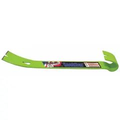 Rolling-head pry bar with double claw end and reverse hook. Overall length 15 in, bar width 1/2 in, end width 2 in. Meets ASME standards. Used for prying, lifting, and nail pulling in construction and maintenance tasks.