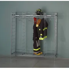 Freestanding turnout gear rack with 12 compartments on one side. Constructed from zinc chromate with a chrome finish. Designed for organized storage of turnout gear, helmets, and boots, allowing air circulation to help extend equipment life.