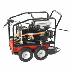 This cold water pressure washer delivers 5,000 psi at 4 gpm and is mounted on a cart for portability. Rated for 20 hours of usable operation per week, it is suited for heavy-duty cleaning tasks such as removing grease, dirt, and grime from equipment, vehicles, and surfaces in industrial environments.