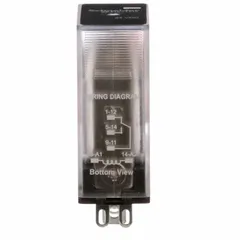 Socket-mounted relay with a square base and Faston terminal connections. Features a 24V DC coil, SPDT contact configuration, and a current rating of 15 A at 120/150V. Suitable for switching loads in industrial control panels, automation systems, and HVAC equipment.