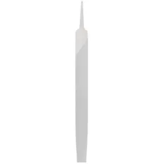 Rectangular file with tapered single-cut teeth and bastard cut for material removal on flat surfaces and edges. Measures 12 inches without tang, 1 3/16 inches wide, and 17/64 inches thick. Suitable for metal shaping, deburring, and finishing in toolrooms and maintenance shops.