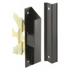 This sliding handle and latch kit is designed for use on screen doors. It provides a handle and latch mechanism to secure and operate sliding doors. The kit is black with an unfinished finish and has overall dimensions of 4 1/4 inches in height and length.