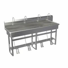 Four-station freestanding wash station with faucets, constructed from 16-gauge material. Bowl measures 77 inches long by 8 inches deep. Flow rate is 0.5 gpm. Side splash not included. Suitable for commercial or industrial hand-washing applications.