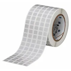 Gray polyester precut label roll measuring 7/16 in x 1/2 in, with 10,000 labels per roll. Designed for use with BBP11 printer series. Suitable for industrial identification, cable marking, and component labeling in environments requiring chemical-resistant labels.