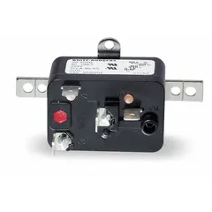 SPST normally open switching relay with a 24V AC coil for low-voltage fan-control applications. Used in HVAC systems to switch fan motors on and off in forced-air heating and cooling equipment.