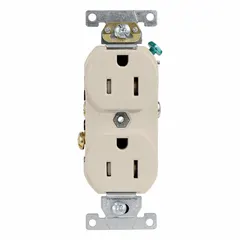 General purpose duplex receptacle rated 125V AC, 15A with NEMA 5-15 configuration, 2 pole/3 wire. Light almond finish. Suitable for standard power outlets in residential and commercial buildings.