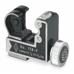 This compact metal tubing cutter is designed for cutting copper, brass, aluminum, and thin-wall steel tubing. It features a standard wheel cutter design with a tool length of 2-1/2 in. Suitable for use in HVAC, plumbing, and refrigeration applications.