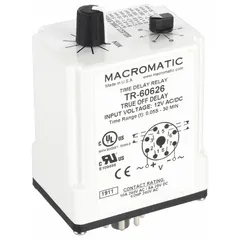 Socket-mounted time delay relay with 8 pins/terminals, rated for 12V DC and 10A. Used in industrial control systems to delay or sequence electrical operations, such as in motor controls, conveyor systems, and HVAC equipment.
