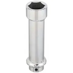 This extra-deep hand socket features a 1/2 in drive and 1 1/16 in socket size with a 6-point design. The zinc-plated finish provides corrosion resistance. It is used for turning hex fasteners in recessed or tight areas where standard sockets cannot reach, common in automotive, plumbing, and industrial maintenance applications.