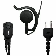 Listen-only earpiece with ear hook and Push To Talk function. Connector type: 1 mm x 2.5 mm / 1 mm x 3.5 mm. Compatible with Jobcom JMX series radios. Used for private audio monitoring in environments requiring discreet listening.
