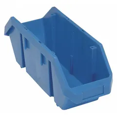 Blue plastic bin with cross-stacking design for stable vertical stacking without shelving. Measures 6-5/8 x 18-1/2 x 7 inches. Includes a label holder for content identification. Not electrostatic discharge conductive; contains 0% recycled content.