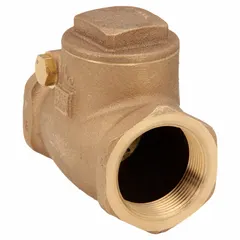 This bronze inline swing check valve features a swing disc design to prevent backflow in piping systems. It has a 1 1/2 inch pipe size with female NPT threads on both ends. Suitable for use in water, oil, gas, and steam applications where corrosion resistance is required.