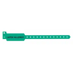 Plastic security wristband in green, 10 1/4 inches long and 1 3/8 inches wide. Pack of 500. Used for identification in settings such as events, healthcare facilities, or industrial sites where visual alert is needed.