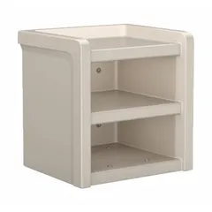Nightstand from the Endurance series with three shelves. Overall dimensions: 21 1/2 in height, 21 in width, 18 in depth. Stone gray finish. Suitable for bedside use in residential or light commercial settings.