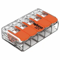 This 5-port lever wire connector from the WAGO 221 Series accepts solid copper wire from 24 AWG to 12 AWG. Rated 32 A and 600 V, it uses a lever-operated clamping mechanism for tool-free wiring. Suitable for junction boxes, lighting fixtures, and control panels.